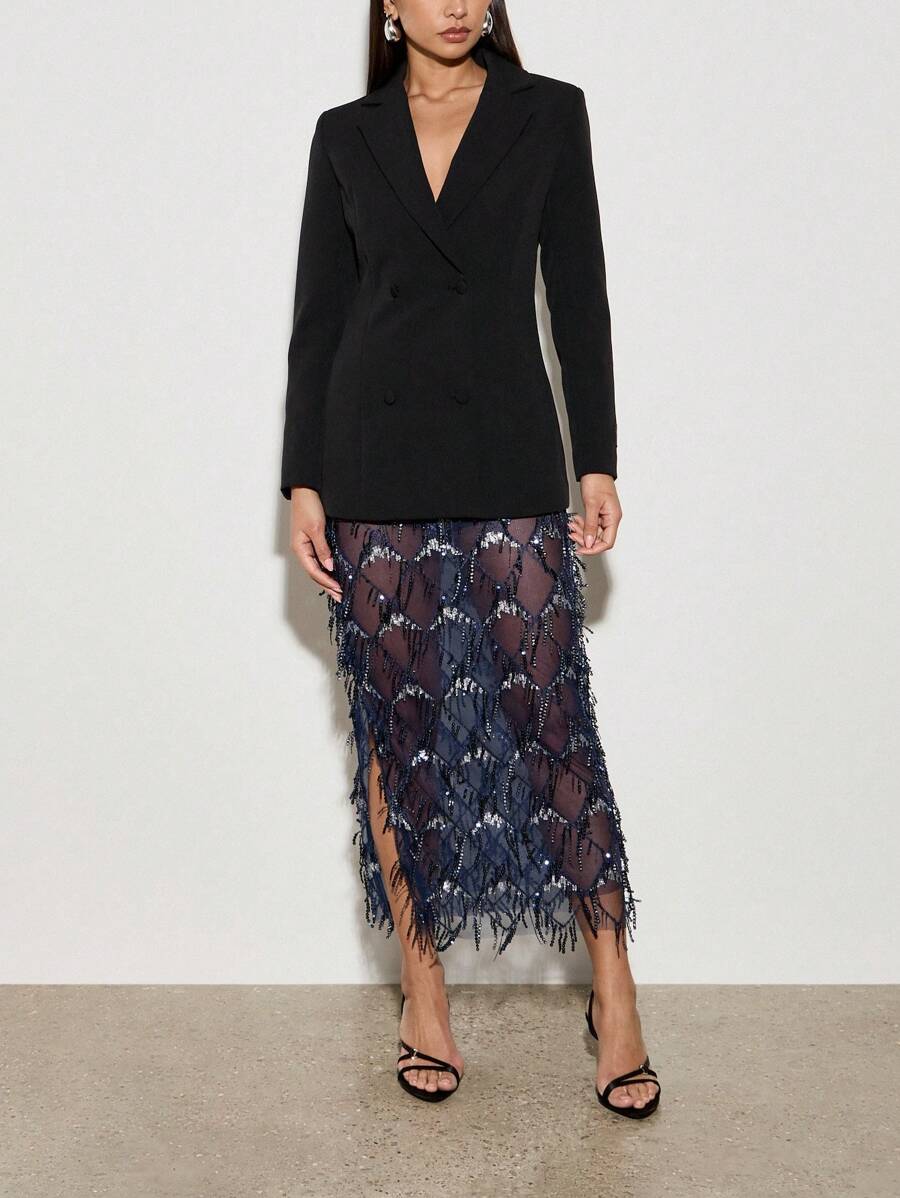 AiiRZ Chân váy midi đính sequin lấp lánh, viền lông vũ, thích hợp cho tiệc tối, lễ hội, dịp đặc biệt, đám cưới, tiệc trang trọng, lễ kỷ niệm, kiểu chân váy bút chì sang trọng. - Màu xanh hải quân - Xem 1