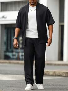 Manfinity Homme Set de 2 piezas de camisa de manga corta y pantalones de unicolor para hombres de talla grande, conjunto cómodo