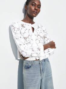 Maija 2025 Summer & Winter New White Round Neck Front Open Single-Breasted Asymmetrical Hollow Out 3D Knitted Embroidered Cardigan, Elegant For Party And Urban Commute - Beige - View 6