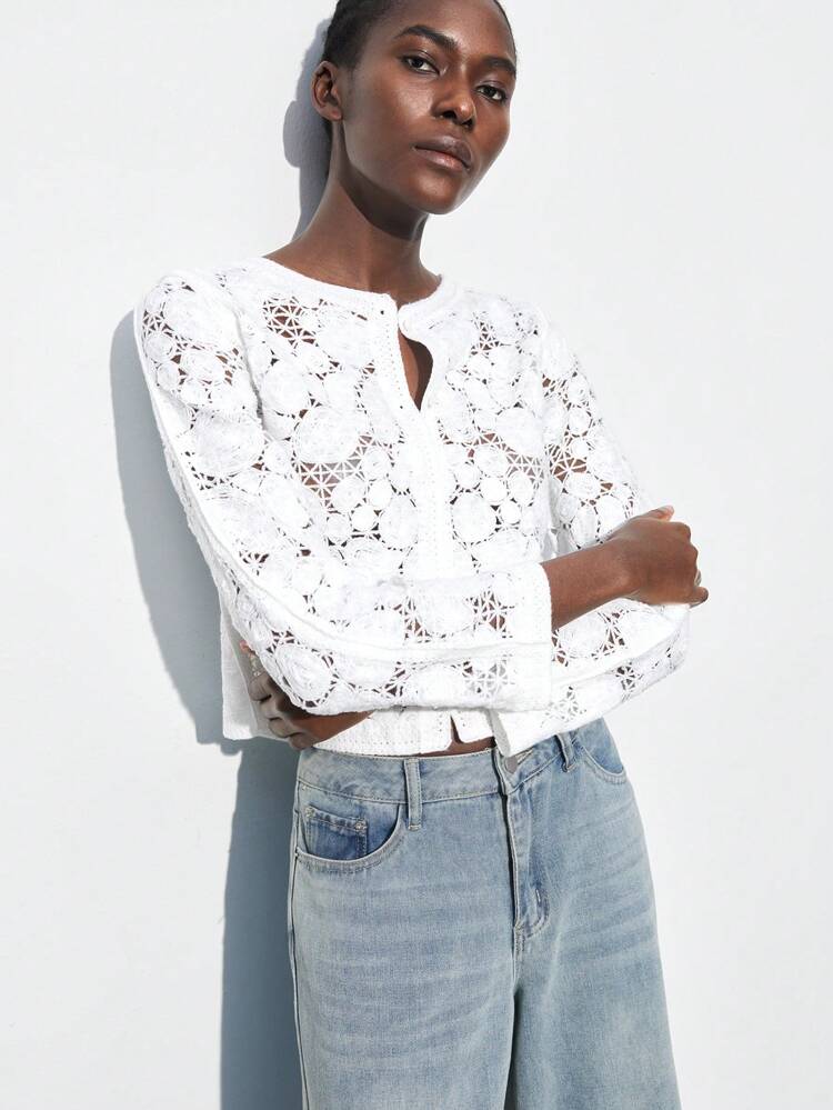 SHEIN Maija Spring/Summer New White Round Neck Front Open Single-Breasted Asymmetrical Hollow Out Textured Embroidered Knit Cardigan For Women Women Easter Summer Easter Women Party Top Beach Summer Holiday Beach Vacation Summer Going Out Graduation  Casual Holiday Beach Cruise Travel  Romantic, Fashion, Versatile; Suitable For Summer Vacation, Comfortable, Bohemian Style, Beach Wear, Simple Daily Wear, Country Style, Essential, Solid Color, Holiday Casual, Decent, Single Lady,