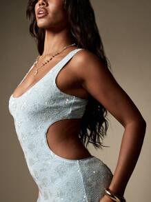 MISSGUIDED 亮片球衣Maxi连衣裙合身无袖晚礼服美人鱼婚礼客人特殊场合假日派对长地板长度优雅闪耀 - 淺藍色 - 查看 3