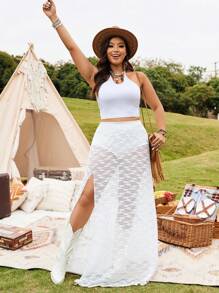 SHEIN LUNE Plus Size Bohemian Style Lace Elastic Waist Slit Skirt For Women - White - View 3