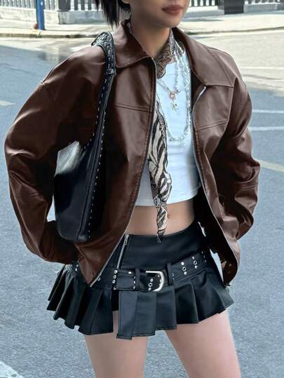 大码女式黑色机车风宽松长袖仿皮夹克，秋冬款