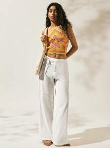 Easelle 女士休闲宽松白色亚麻宽松低腰长裤带侧带 - 白色 - 查看 2