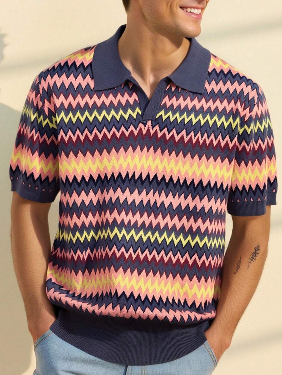 Manfinity Hypemode Men's Wave Striped Short Sleeve Casual Knit Top - Dark Green - View 1