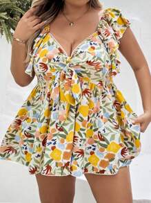 SHEIN CURVE+ 大码女式节日彩色印花面料蝙蝠袖蝴蝶结前 A 字衬衫，休闲浪漫夏日度假衬衫