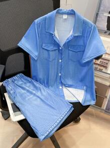 2pcs/Set Tween Boys Casual Vacation Washed Pattern Collar Open Short Sleeve Shirt And Loose Woven Shorts Set, Suitable For Commuting, School, Daily Casual, Vacation, Sports, Spring/Summer/Autumn/Winter - Baby Blue - View 2