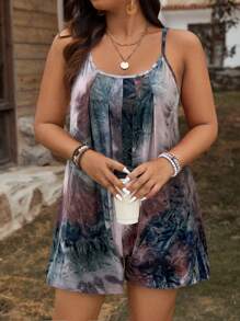 SHEIN LUNE Plus Size Tie-Dye Pattern Camisole Shorts Jumpsuit Summer Boho Simple & Fashionable - Multicolor - View 3