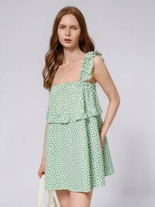 SHEIN Unity 随机碎花女式夏季休闲度假风格自然清新绿色花卉荷叶边无袖短款背心裙 - 綠色 - 查看 4