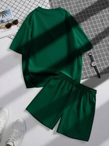 Manfinity Hypemode Men's Letter Print Round Neck Short Sleeve Casual T-Shirt And Drawstring Waist Shorts Set - Green - View 2