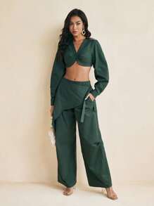 GYD studio 绿色斜纹结饰裙弹力裤两件套休闲度假运动裤女装工作女裤女装两件套女装两件套女装两件套女装两件套工作服女装女装夏季套装女装两件套