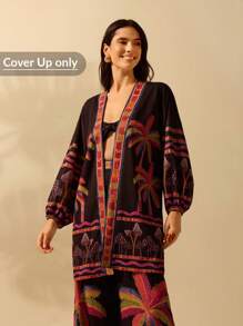 CAJUNI Women's Boho Colorful Coconut Tree & Mushroom Print Lantern Sleeve Loose Kimono-Style Beach Cover Up, Summer Resort - Multicolor - View 2