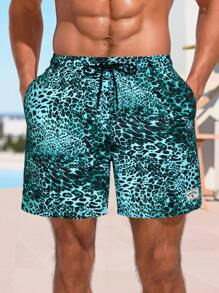 Surfspeed Men's Leopard Print Drawstring Waist Pocket Casual Beach Shorts - Green - View 5