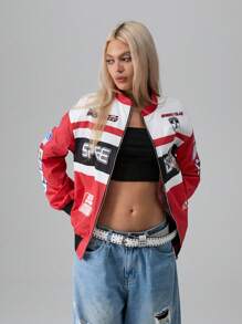 SHEIN Unity Letter Pattern Colorblock Drop Shoulder Bomber Jacket - Red - View 4