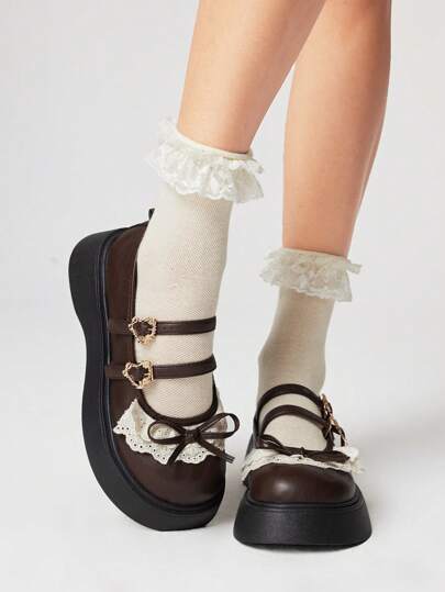 ROMWE Kawaii Cute British Style Oxfords, Brown Thick Sole 4.5cm Heel Height, Hollow Out, Heart Buckle, Lace Trim Bow, PU Upper, Comfortable Lining
