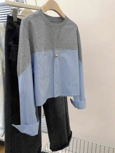 SHEIN Essnce Sudadera casual de cuello redondo de manga larga con parches de unicolor para tallas grandes