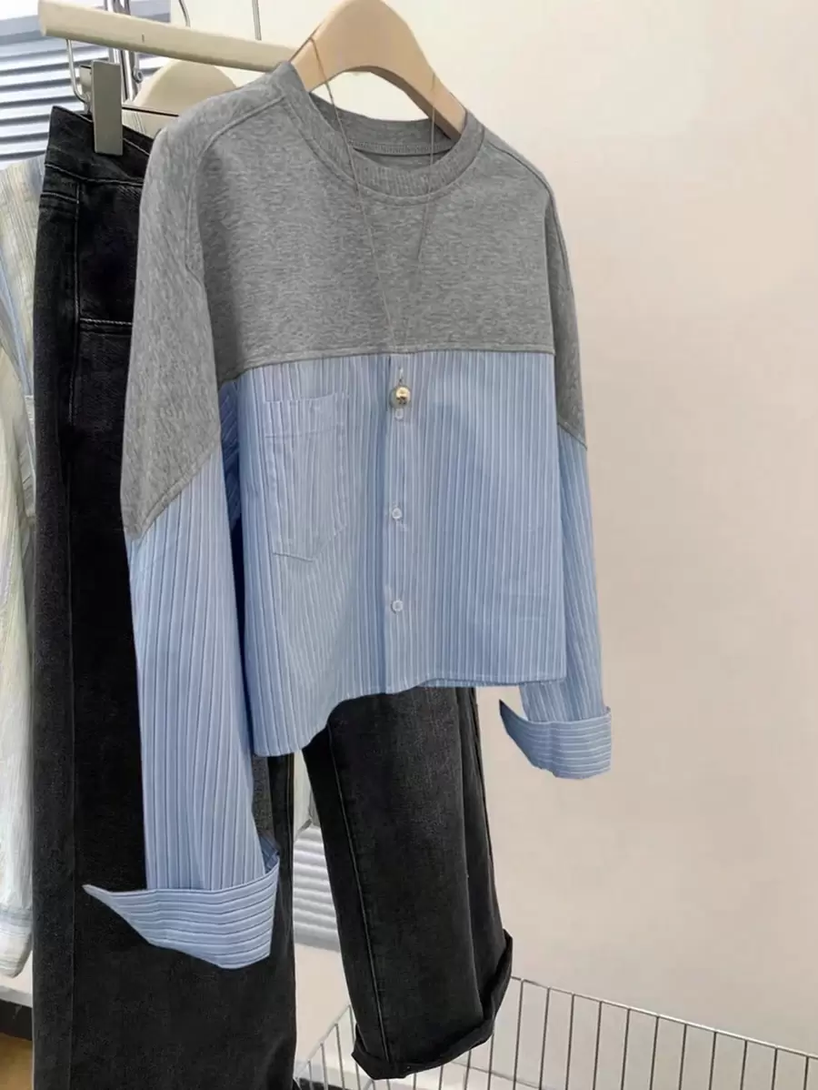 SHEIN Essnce Áo nỉ cổ tròn tay dài cổ tròn màu trơn cỡ lớn, họa tiết chắp vá, thường ngày, tốt nghiệp, giáo viên, áo chui đầu mùa thu đông thu đông - Màu xanh lam - Xem 1