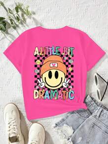 Baby Girls Casual Comfortable Fashion Colorful Letter Checkerboard And Smiling Face Print Short Sleeve T-Shirt, Spring/Summer - Hot Pink - View 2