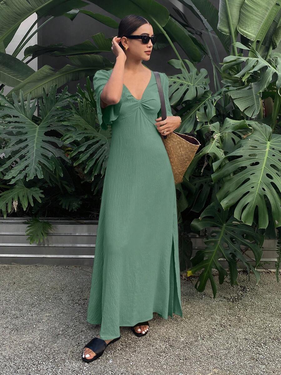 Serisse Women's Solid Color Pleated Short Sleeve Elegant Dress For Holiday,Summer Dresses For Women Party Green Vacation Casual - Green - View 1