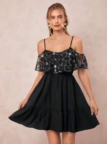 SHEIN Clasi Wedding Guest Dress Women,Sparkling Sequin Flower Embroidery Lotus Leaf Folding Waist A-Line Short Dress - Black - View 3