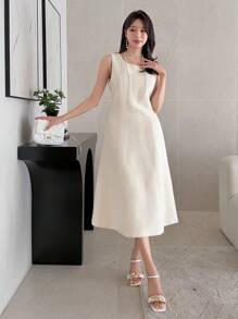 DAZY Einfarbiges Kleid mit rundem Ausschnitt und Perlen in Knielänge für Frauen, geeignet für Party, Date Night, Büro, Hochzeit - Beige - Übersicht 7