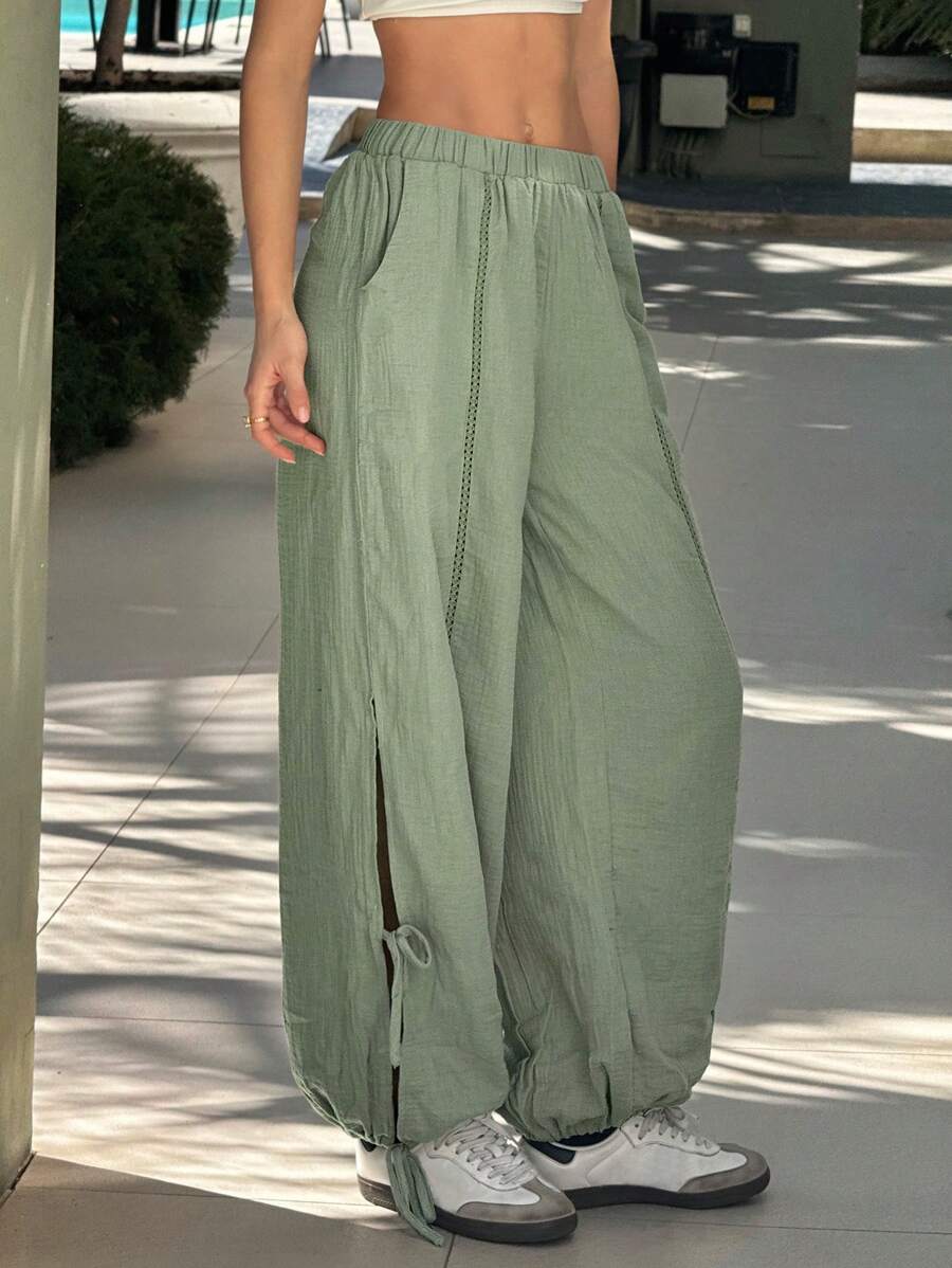 SHEIN EZwear 女式纯色松紧腰阔腿开衩亚麻裤 - 綠色 - 查看 1