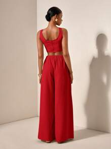 Zivah 新款春夏度假休闲鱼骨背带上衣和阔腿裤带口袋两件套，纹理面料 - B - 紅色 - 查看 2