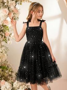 Tween Girls' Off-Shoulder Star Mesh Stitching Party Banquet Wedding Dress, Elegant And - Black - View 4
