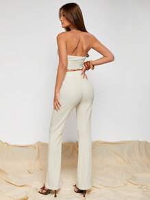 COSMINA Conjunto de 2 piezas de top bandeau de unicolor y pantalones largos para vacaciones/playa para mujer - Azul - Ver 2
