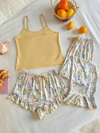 CottageSlumber 3 件套碎花吊带背心、长裤和短裤睡衣套装假日季节，丰富的花卉华丽舒适优雅细节