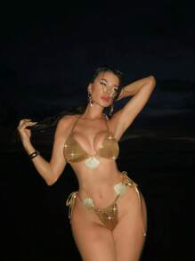 Swim Vcay Women's New Summer Beach Metal Effect Fabric Large Shell Decor Sexy Triangle Bikini Set - Gold - View 7