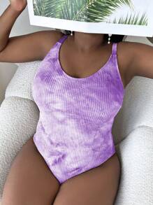 Slaydiva Plus Size Women 1pc Tie Dye Print Slim Fit One-Piece Swimsuit, Casual & Vacation Style For Summer - Purple - View 1