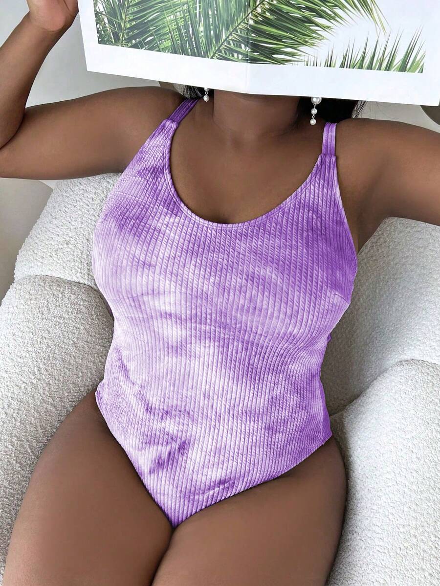 Slaydiva Plus Size Women 1pc Tie Dye Print Slim Fit One-Piece Swimsuit, Casual & Vacation Style For Summer - Purple - View 1