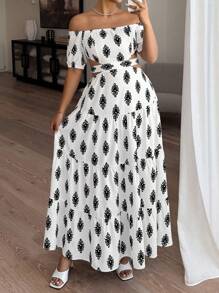 Celure 大码露肩纯色图腾印花连衣裙 - 黑與白 - 查看 1