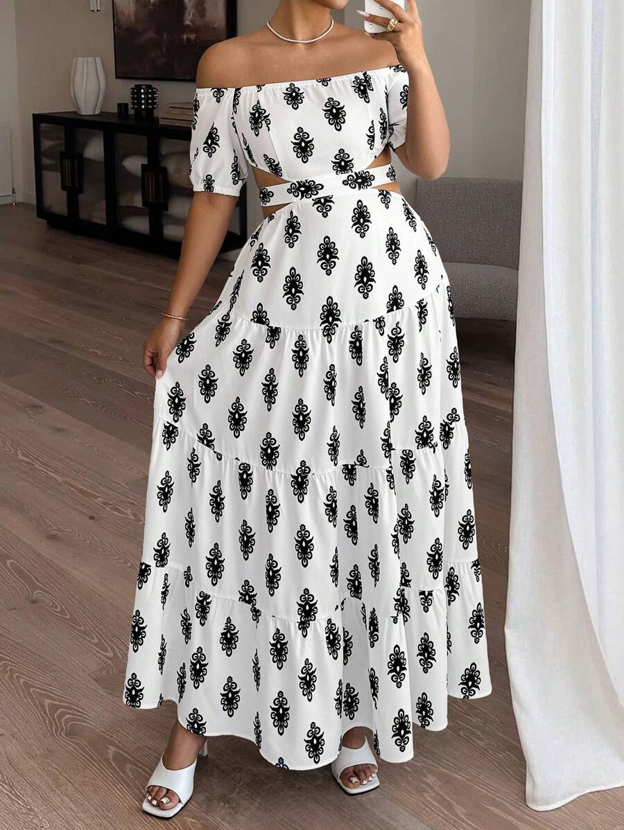 Celure 大码露肩纯色图腾印花连衣裙 - 黑與白 - 查看 1