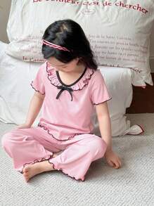 Young Girls Ruffle Bow Round Neck Short Sleeve Top And Loose Pants 2pcs Sleepwear Set - Baby Pink - View 3
