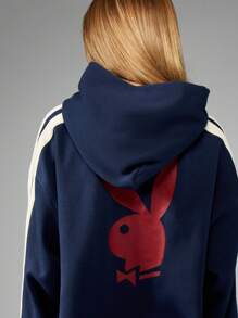 Missguided x Playboy Varsity Hoodie Sporty Retro Streetwear Classic Logo Drawstring Sweatshirt Autumn Winter Loungewear Pullover Casual Athletic Top - Royal Blue - View 6