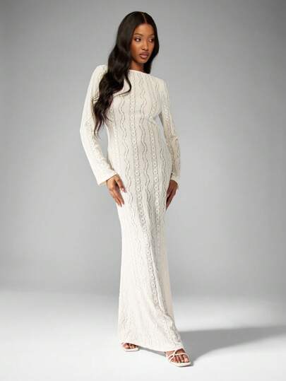 MISSGUIDED Elegant Crochet Long Sleeve Stretch Tie Back Long Dresses MISSGUIDED