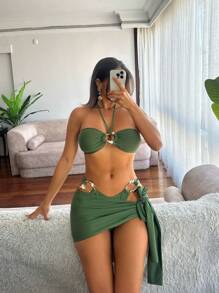 SHEIN Swim 3 Pieces Women Resort Style Spaghetti Strap Swimwear Set With Metal Laced-Up Halter Neck - Army Green - View 1