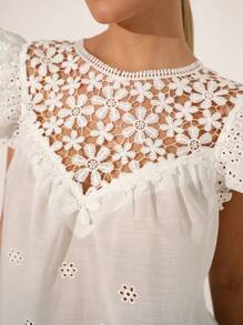 SHEIN Clasi Women's Embroidered Contrast Lace Loose Blouse With Cap Sleeves - White - View 2