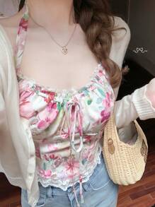 DAZY Women's Vacation Beach Ditsy Floral Lace Patchwork Spaghetti Strap Backless Crop Camisole Top For Spring/Summer,Boho Top - White - View 12