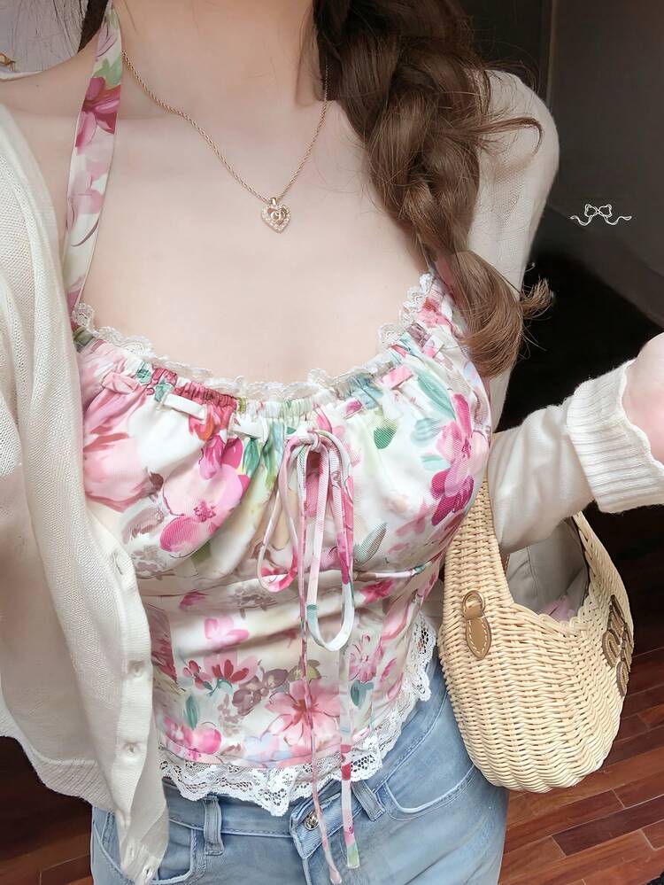 Women's Vacation Beach Ditsy Floral Lace Patchwork Spaghetti Strap Backless Crop Camisole Top For Spring/Summer,Boho Top