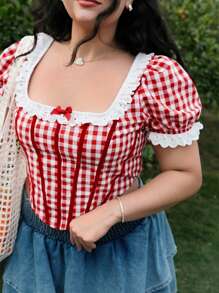 SHEIN MOD Plus Size Girl's Red & White Plaid Ruffle Trim Casual Vacation Blouse. Cute Summer Tops - Red and White - View 4