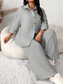 SHEIN Frenchy Bộ đồ 2 món rộng rãi thường ngày họa tiết sọc xanh trắng cỡ lớn dành cho nữ - Đen và trắng - Xem 6