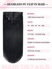 Seamless Clip Ins Extensiones de cabello humano con clip sin costuras, 8 piezas, 110g, 120g, extensiones con clip PU, extensiones de cabello humano Remy de cabeza completa, extensiones de cabello con clip invisibles - S1 - Ver 4