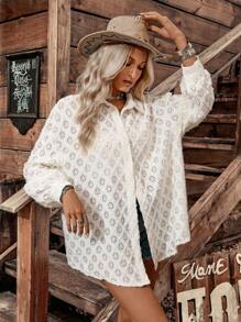 LanaWest Women's Light Apricot Furry Textured Heart Hollow Casual Vacation Vibe Long Sleeve Shirt