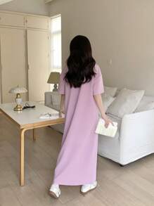 SHEIN 少女紫色针织圆领宽松休闲字母印花袖蝴蝶结装饰街头女孩长款短袖连衣裙，适合日常穿着、休闲校园、返校、情人节、夏装毕业礼服 - 紫色 - 查看 6