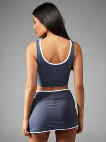 Missguided x Playboy Women Athletic Crop Tank Performance Workout Sports Bra Style Vest With Logo Contrast Binding Summer Fitness Training Top - Navy Blue - View 2