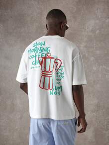 SUMWON 慢晨咖啡俱乐部超大 T 恤街头服饰图案印花休闲都市风格夏季时尚宣言复古咖啡馆设计宽松棉质 T 恤