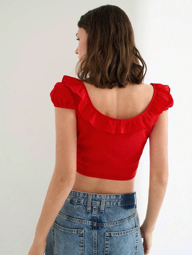 SHEIN Maija Red Ruffled Collar Form-Fitting Elegant Refined Sweet Cropped Style Top For Women, Spring/Summer